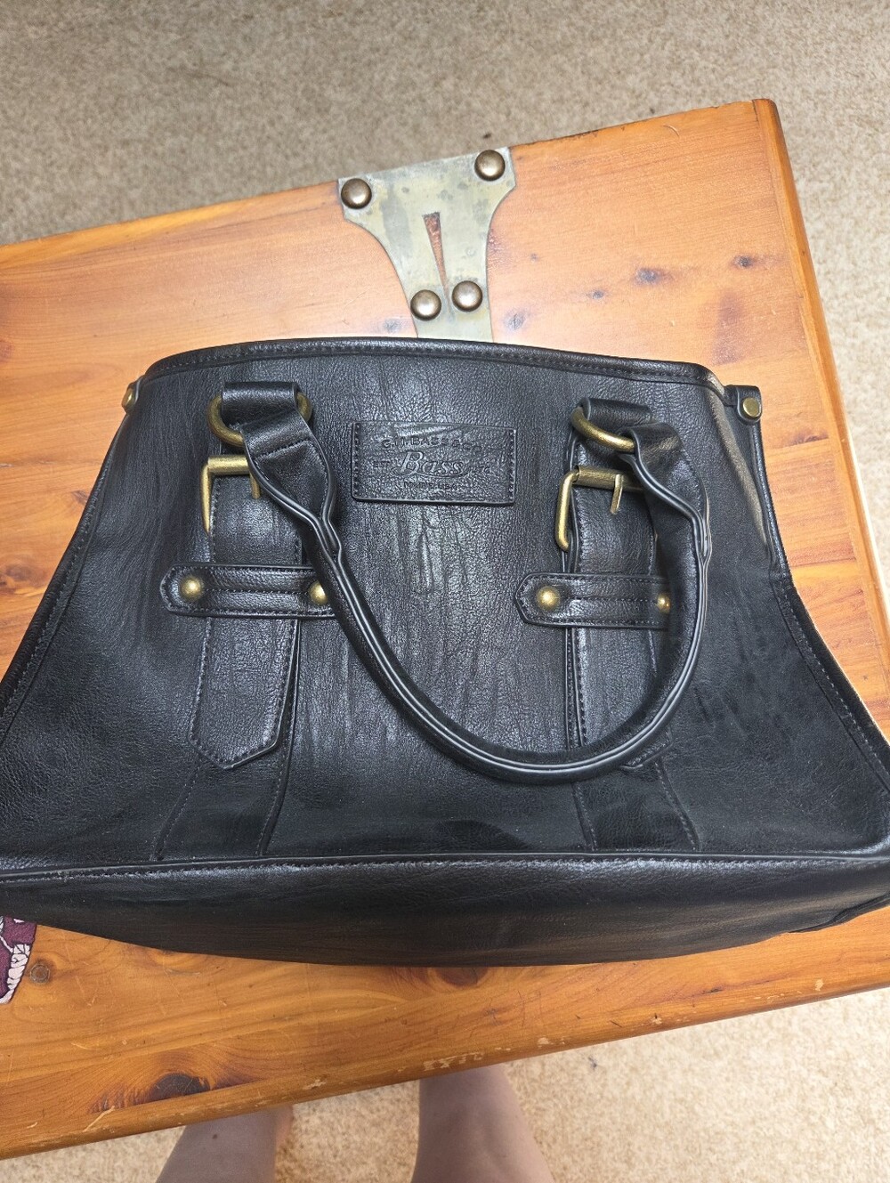 Bass Black Leather Satchel with Brass Hardware